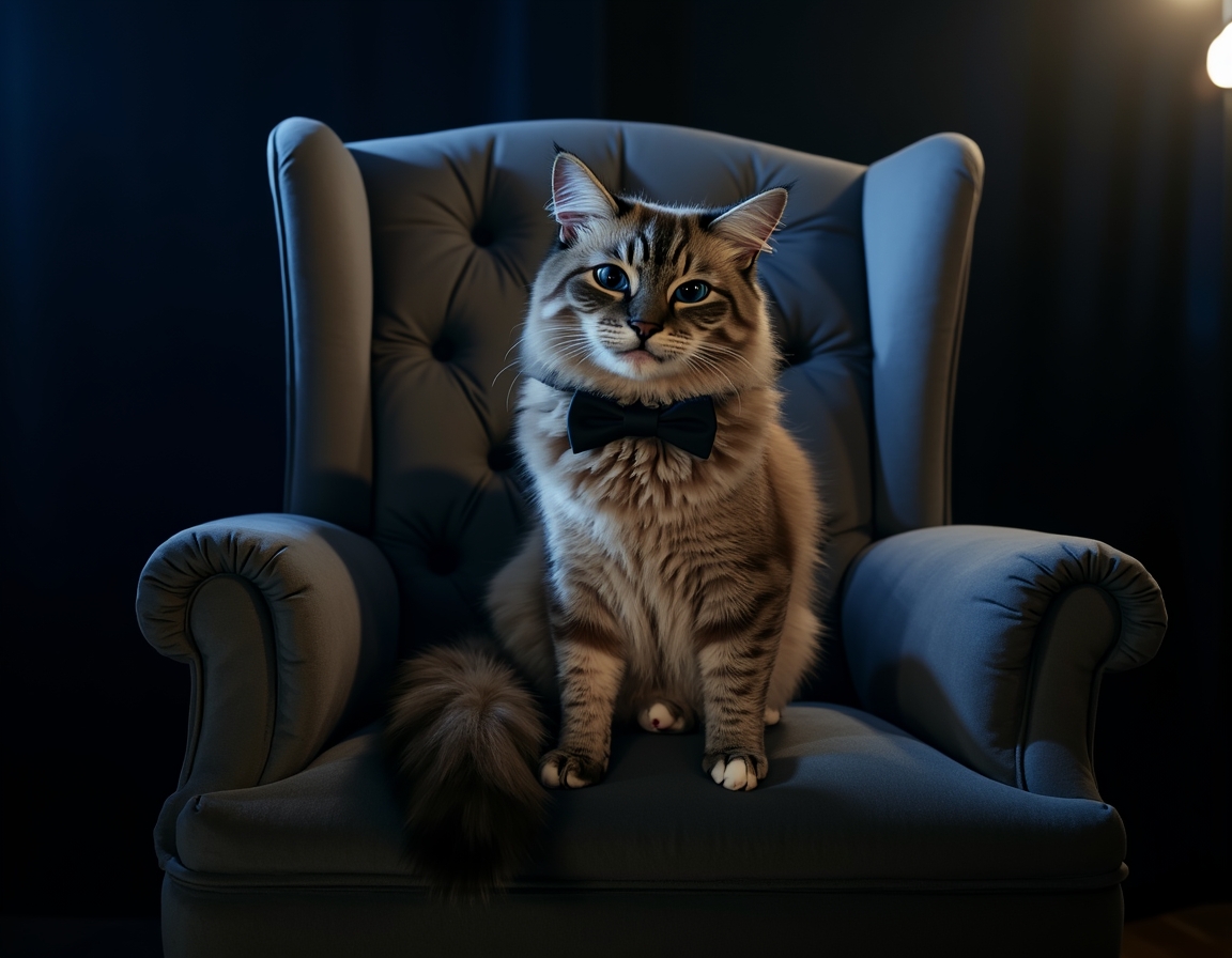 Photorealistic image of cat posed on a luxurious velvet chair in a studio. The backdrop is a deep navy blue with soft spotlighting that highlights the cat's fur and a sleek black bowtie, giving the scene a sophisticated, formal atmosphere.